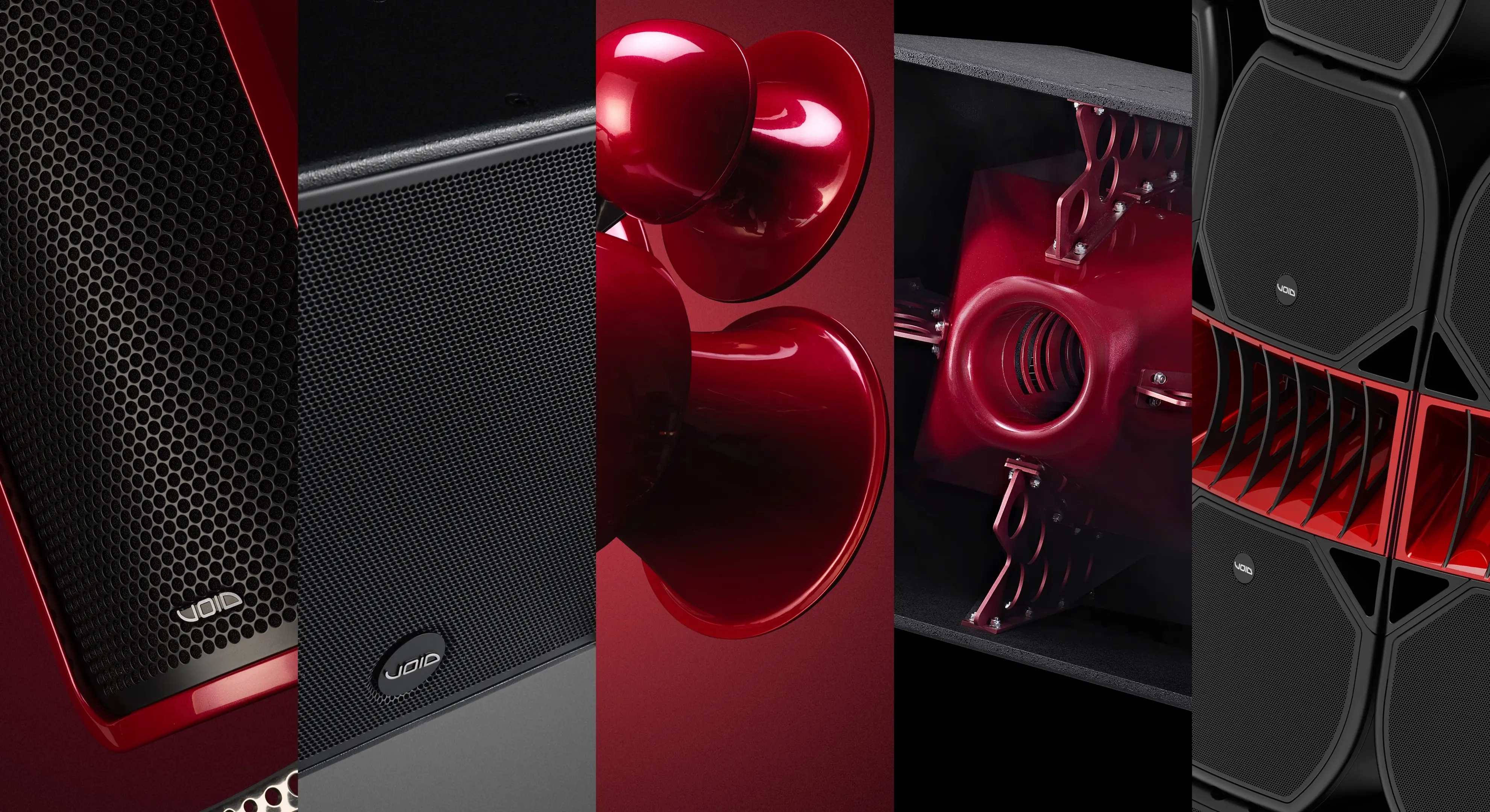 A full range of red and black Void Acoustics loudspeaker systems